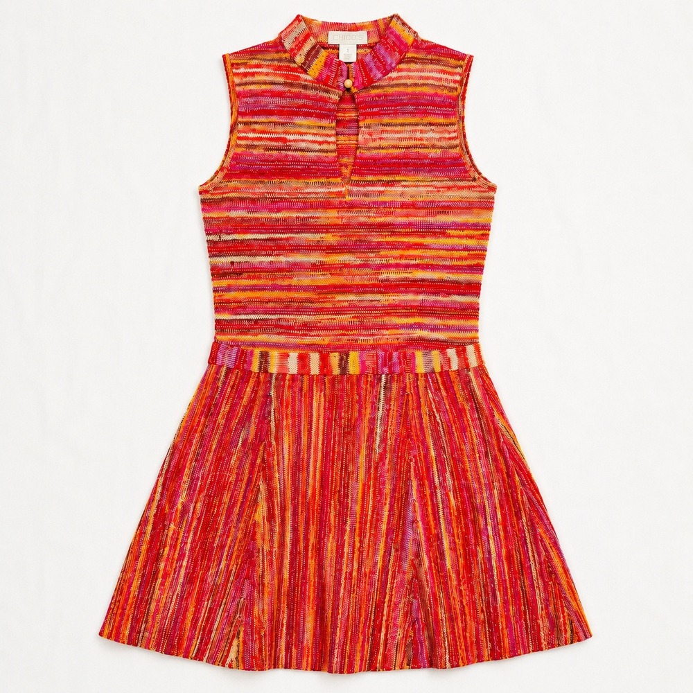 Vtg 60s Knit Mini Mod Dress Orange Space Dye Sunset Keyhole Mock Neck Size S